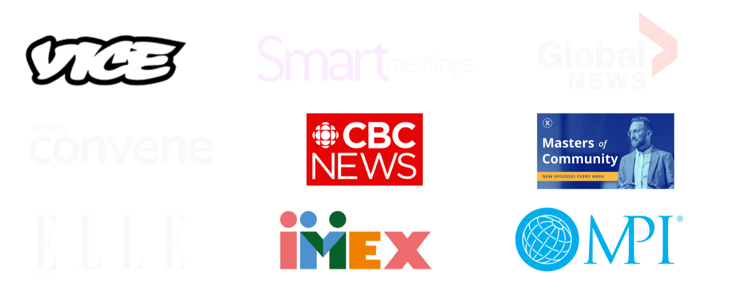 Press logos including VICE, Smart Meetings, Global News, PCMA Convene, CBC News, ELLE, IMEX Global Meetings Trade Show and Meeting Professionals International